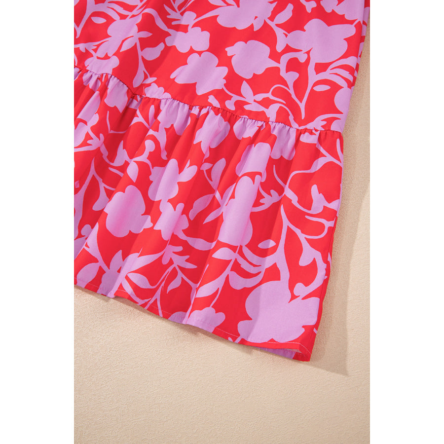 Red Floral Three Quarter Sleeves Ruffle Hem Mini Dress Dresses/Mini Dresses