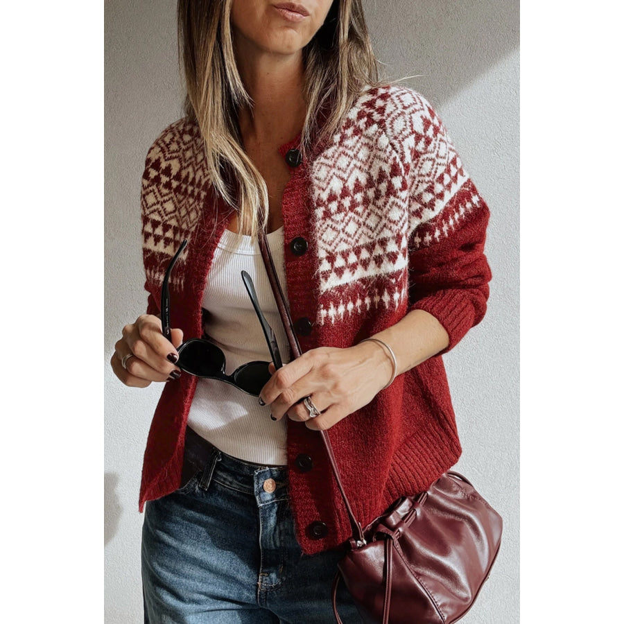 Red Geometric Print Button Front Long Sleeve Knitwear Cardigan Red / S / 50% Recycled Polyester + 29% Polyester + 17% Polyamide + 4%