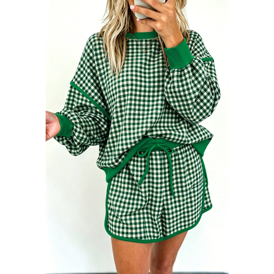 Red Gingham Oversized Ribbed Trim Crew Neck Long Sleeve Top and Skort Set Green / S Two Piece Sets/Two Piece Dresses