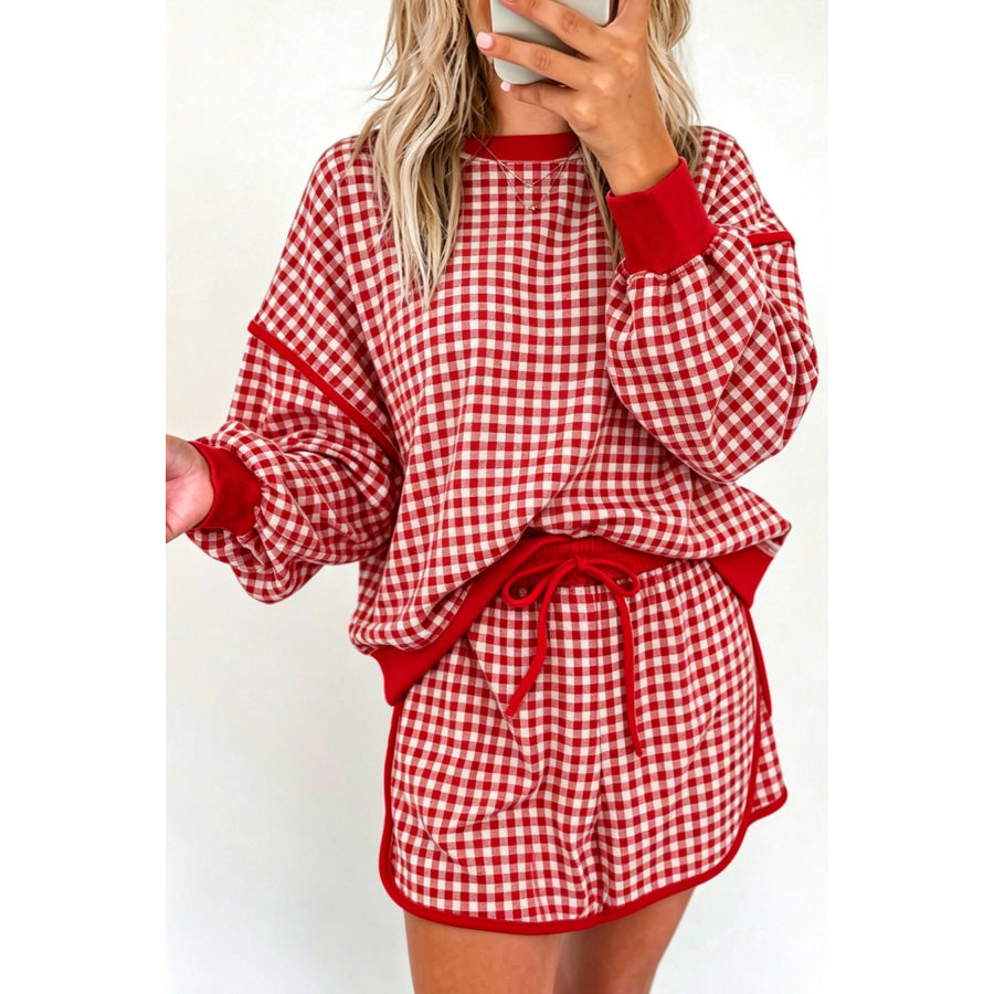 Red Gingham Oversized Ribbed Trim Crew Neck Long Sleeve Top and Skort Set Red / S Two Piece Sets/Two Piece Dresses