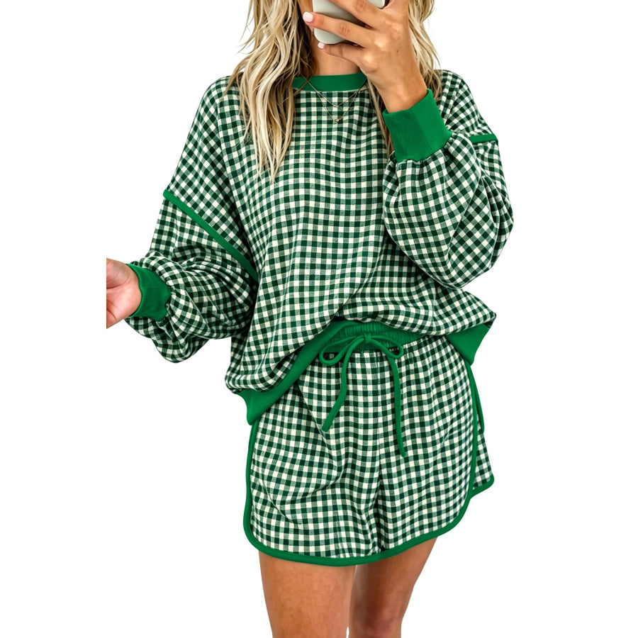 Red Gingham Oversized Ribbed Trim Crew Neck Long Sleeve Top and Skort Set Two Piece Sets/Two Piece Dresses