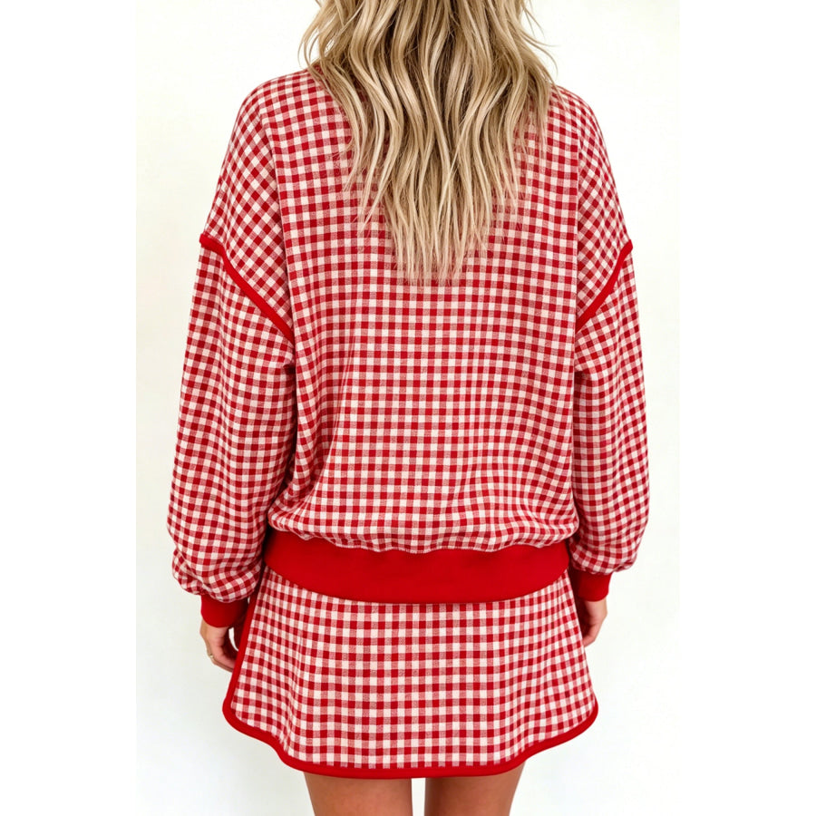 Red Gingham Oversized Ribbed Trim Crew Neck Long Sleeve Top and Skort Set Two Piece Sets/Two Piece Dresses