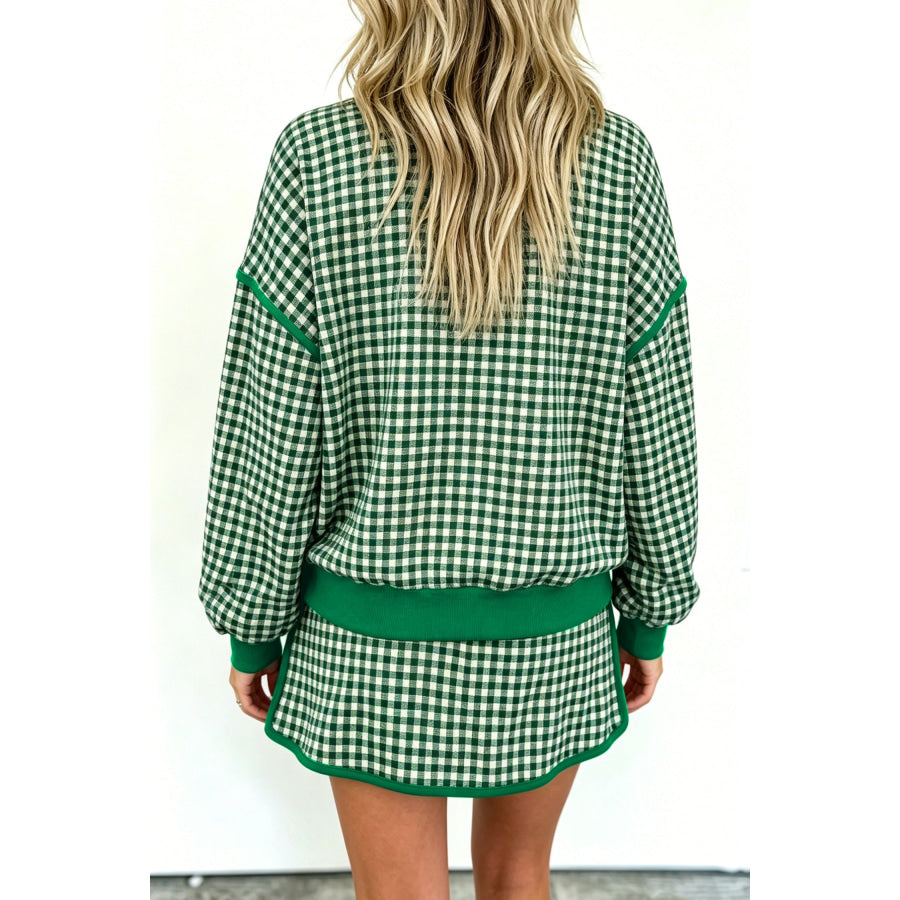 Red Gingham Oversized Ribbed Trim Crew Neck Long Sleeve Top and Skort Set Two Piece Sets/Two Piece Dresses