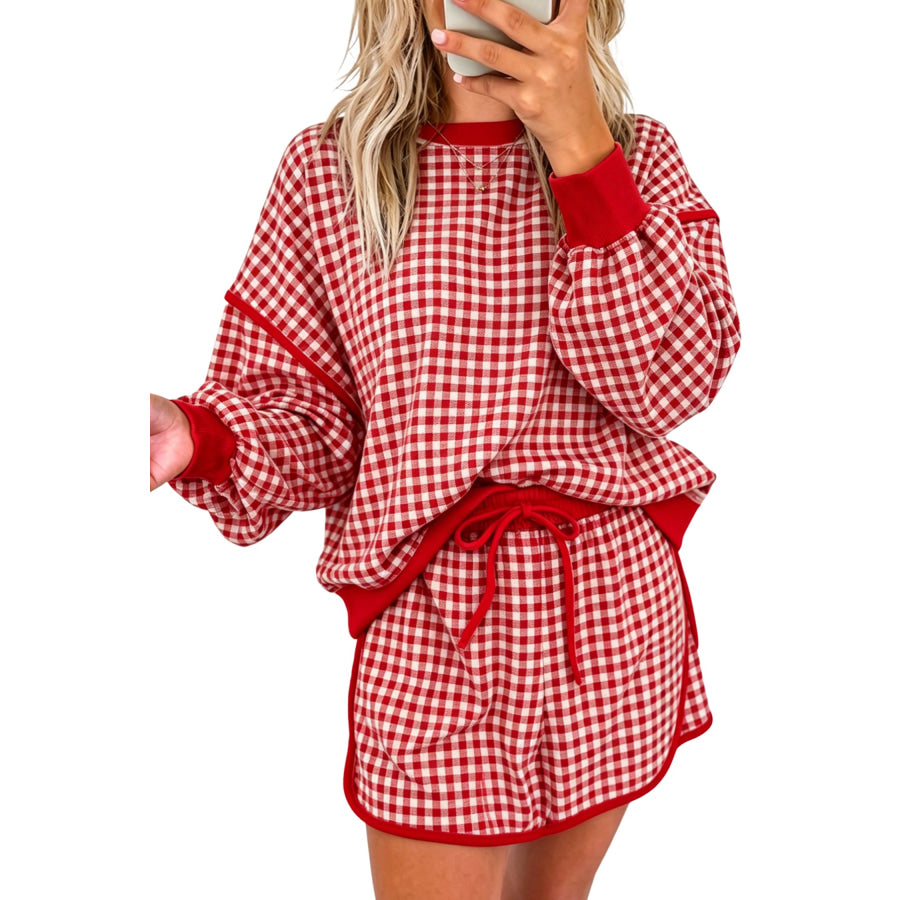 Red Gingham Oversized Ribbed Trim Crew Neck Long Sleeve Top and Skort Set Two Piece Sets/Two Piece Dresses