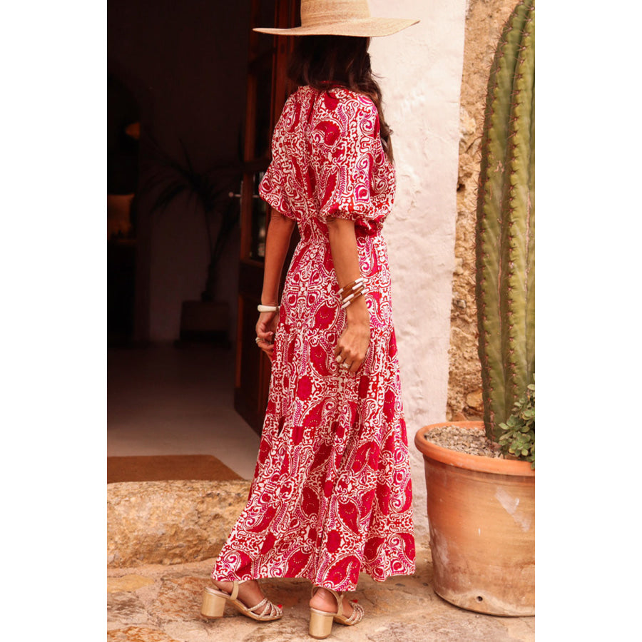 Red Paisley Print Side Slit Puff Sleeve High Waist Maxi Dress Dresses/Maxi Dresses