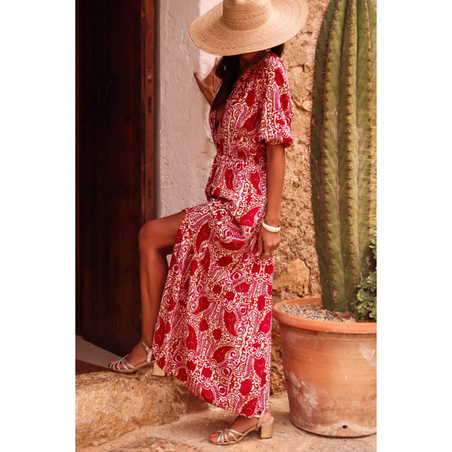 Red Paisley Print Side Slit Puff Sleeve High Waist Maxi Dress Dresses/Maxi Dresses