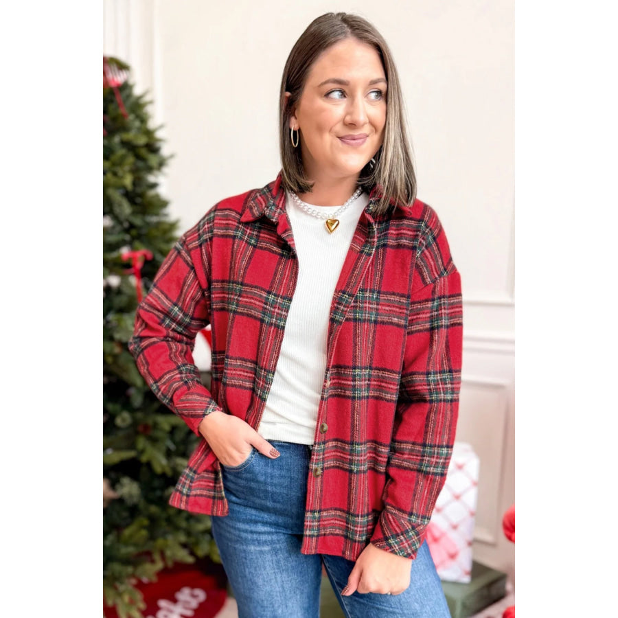 Red Plaid Button Front Shacket Outerwear/Plaid Shackets