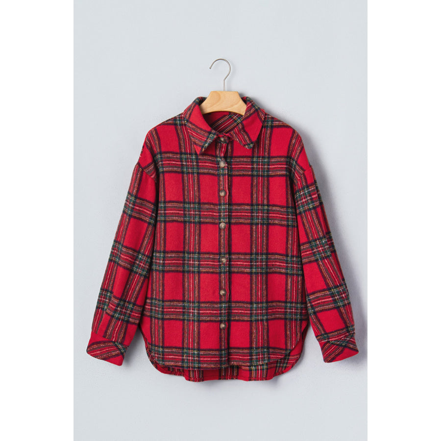 Red Plaid Button Front Shacket Outerwear/Plaid Shackets