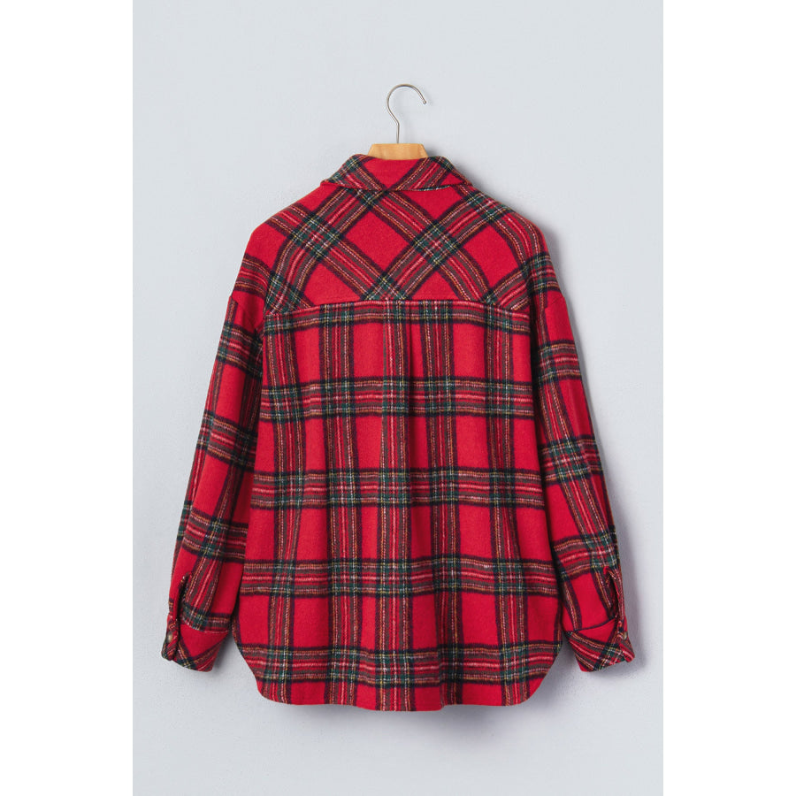 Red Plaid Button Front Shacket Outerwear/Plaid Shackets