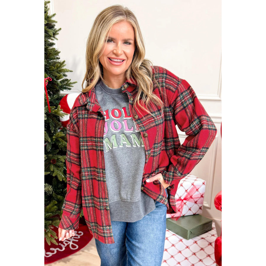 Red Plaid Button Front Shacket Outerwear/Plaid Shackets