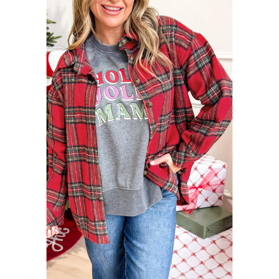 Red Plaid Button Front Shacket / S / 100% Polyester Outerwear/Plaid Shackets