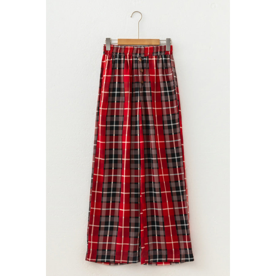 Red Plaid Elastic Waist Pocket Regular Full-Length Pants Bottoms/Pants & Culotte