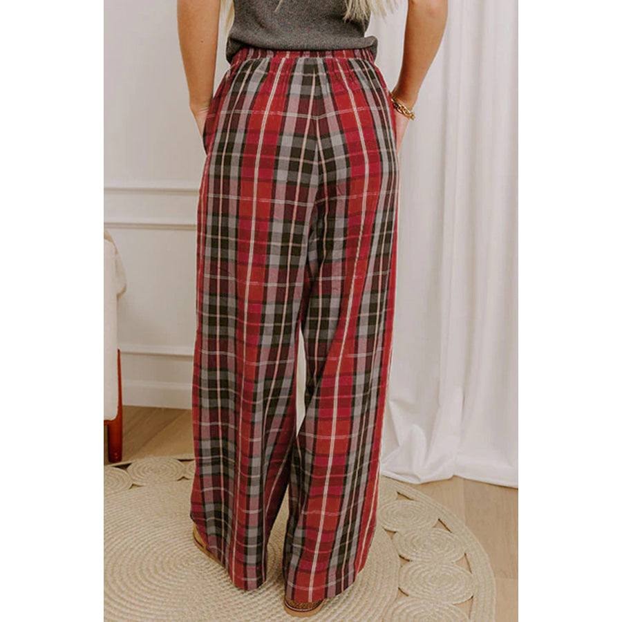 Red Plaid Elastic Waist Pocket Regular Full-Length Pants Bottoms/Pants & Culotte