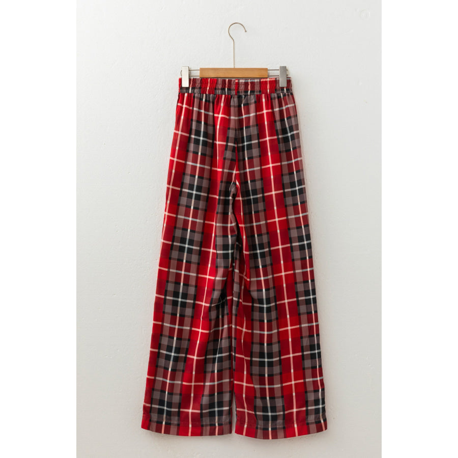 Red Plaid Elastic Waist Pocket Regular Full-Length Pants Bottoms/Pants & Culotte