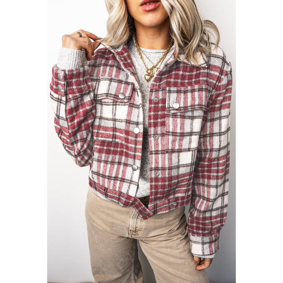 Red Plaid Flannel Metal Button Collar Long Sleeve Vintage Shift Jacket / S / Shell:100% Polyester + Lining:100% Polyester Outerwear/Jackets