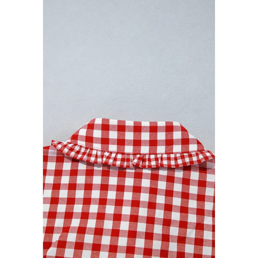 Red Plaid Long Sleeve Button Down Frill Detail Casual Shirt Tops/Blouses & Shirts