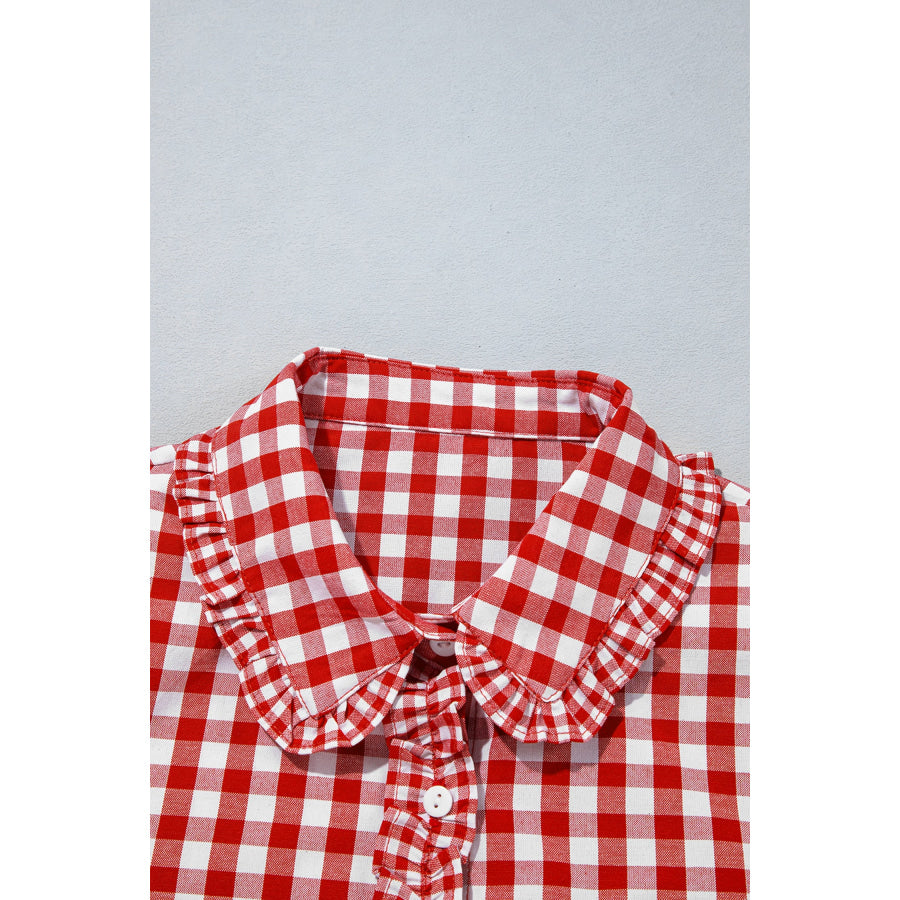 Red Plaid Long Sleeve Button Down Frill Detail Casual Shirt Tops/Blouses & Shirts