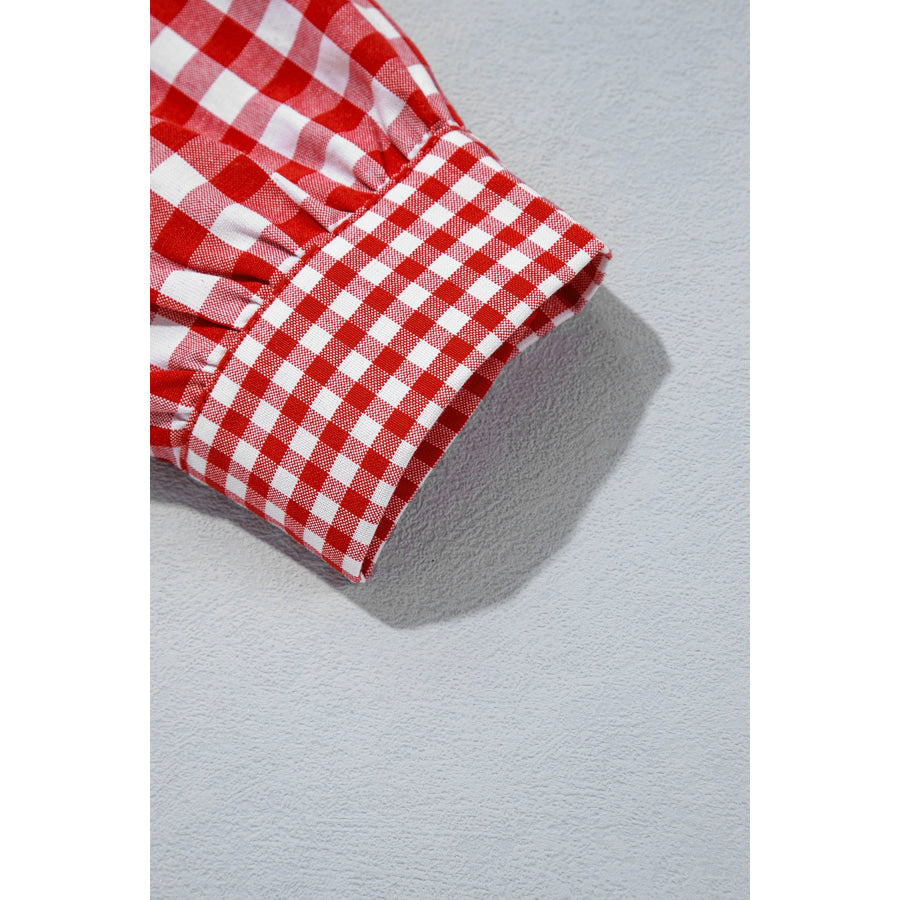 Red Plaid Long Sleeve Button Down Frill Detail Casual Shirt Tops/Blouses & Shirts