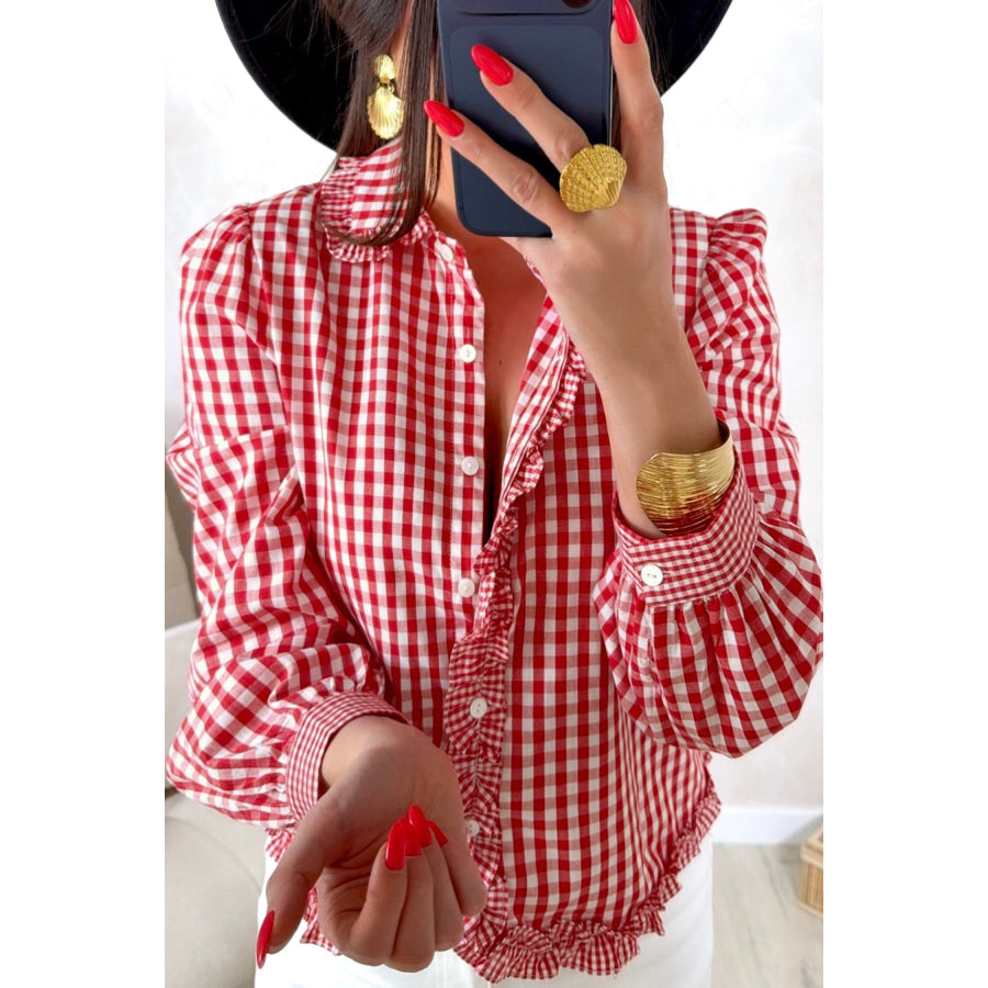 Red Plaid Long Sleeve Button Down Frill Detail Casual Shirt Tops/Blouses & Shirts
