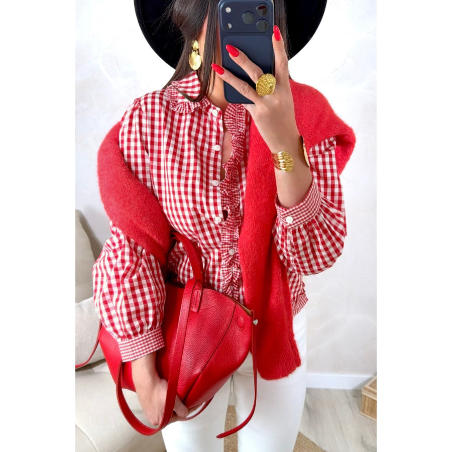 Red Plaid Long Sleeve Button Down Frill Detail Casual Shirt Tops/Blouses & Shirts