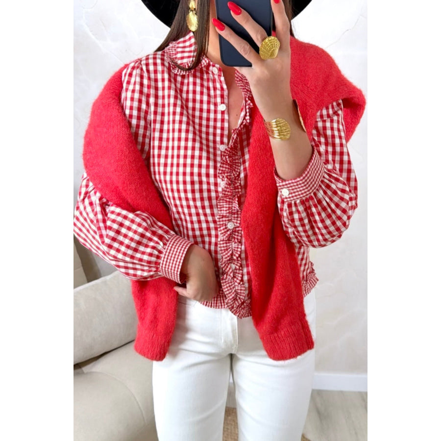 Red Plaid Long Sleeve Button Down Frill Detail Casual Shirt Tops/Blouses & Shirts