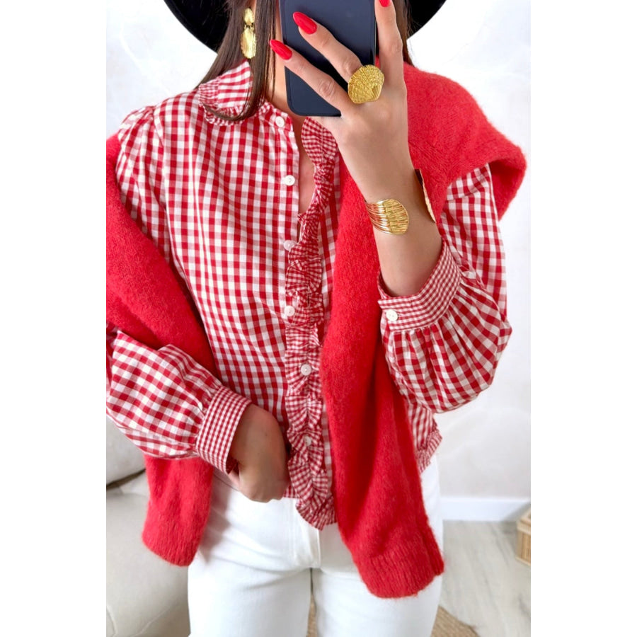 Red Plaid Long Sleeve Button Down Frill Detail Casual Shirt Tops/Blouses & Shirts