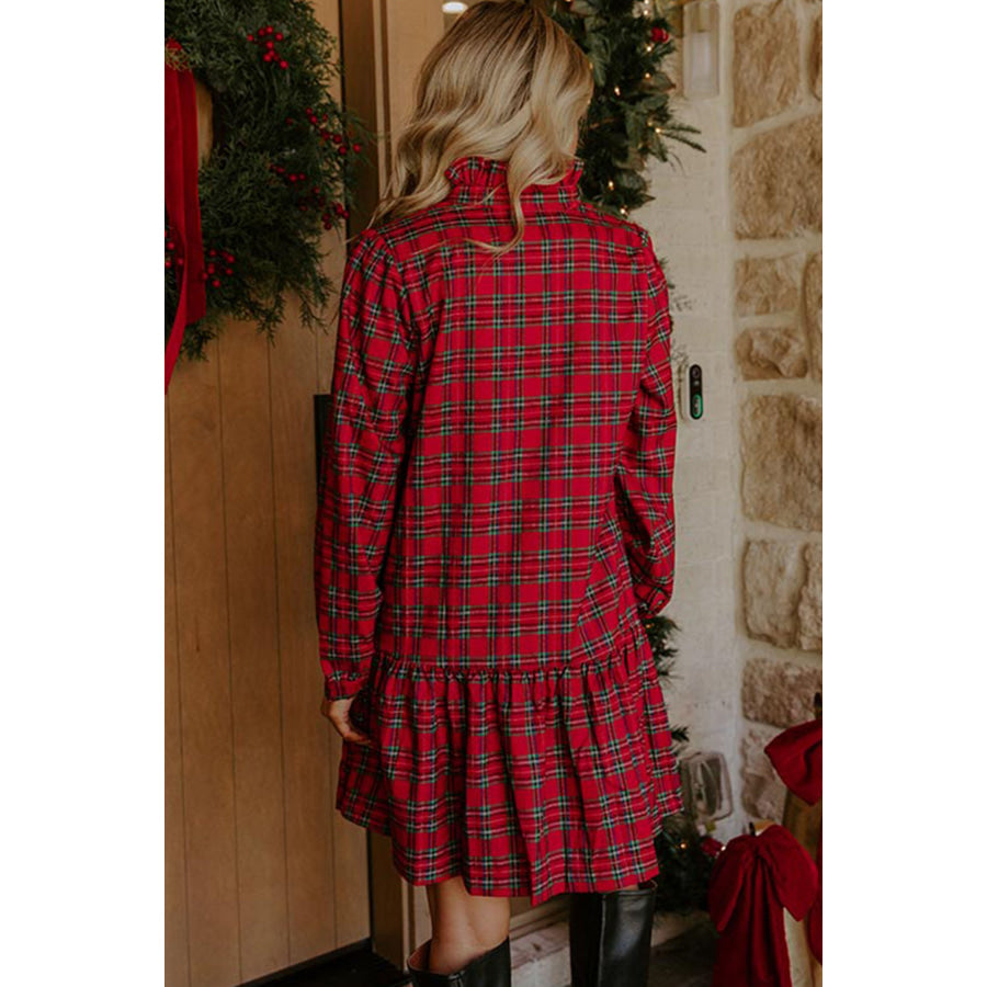 Red Plaid Long Sleeve Mini Shift Silhouette Decoration Dress Dresses/Mini Dresses