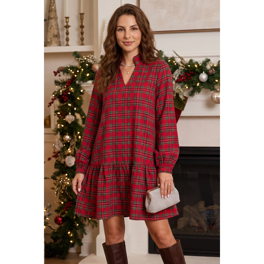 Red Plaid Long Sleeve Mini Shift Silhouette Decoration Dress Dresses/Mini Dresses
