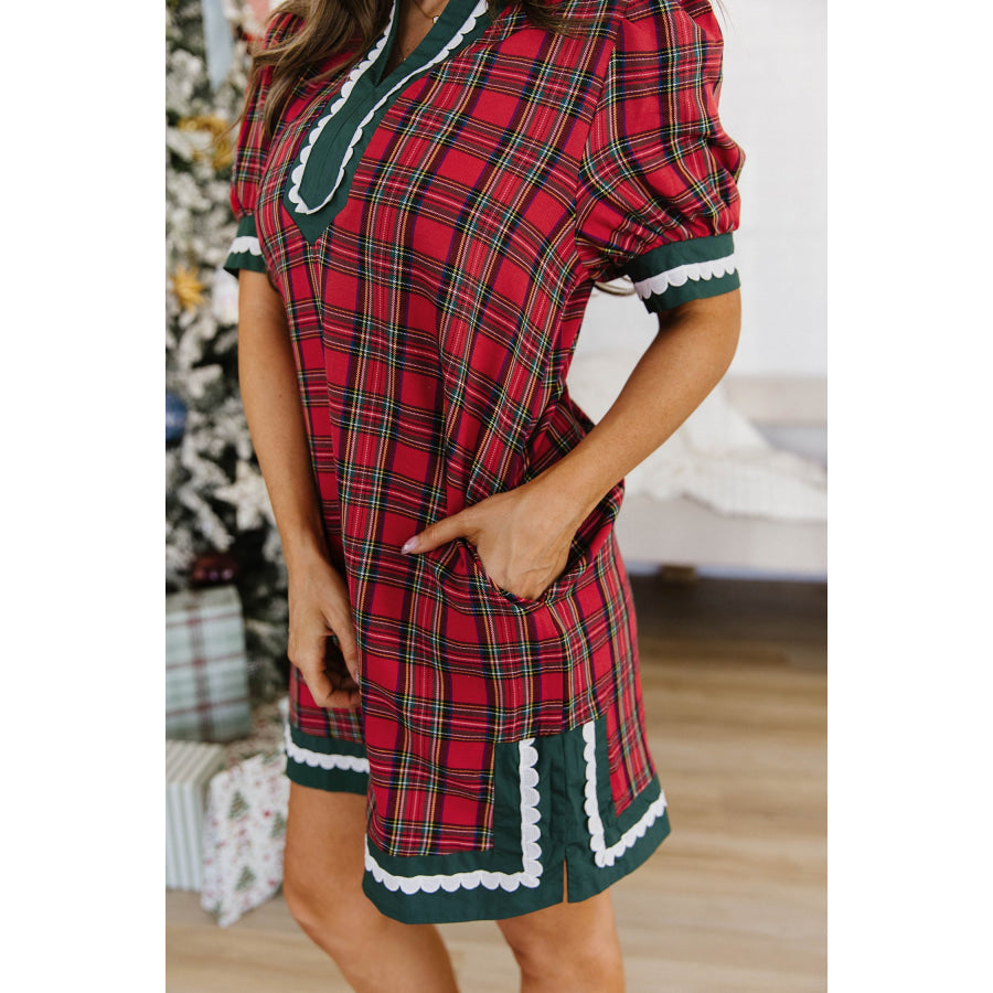 Red Plaid Mini Mini Shift Style Short Sleeve Dress Dresses/Mini Dresses
