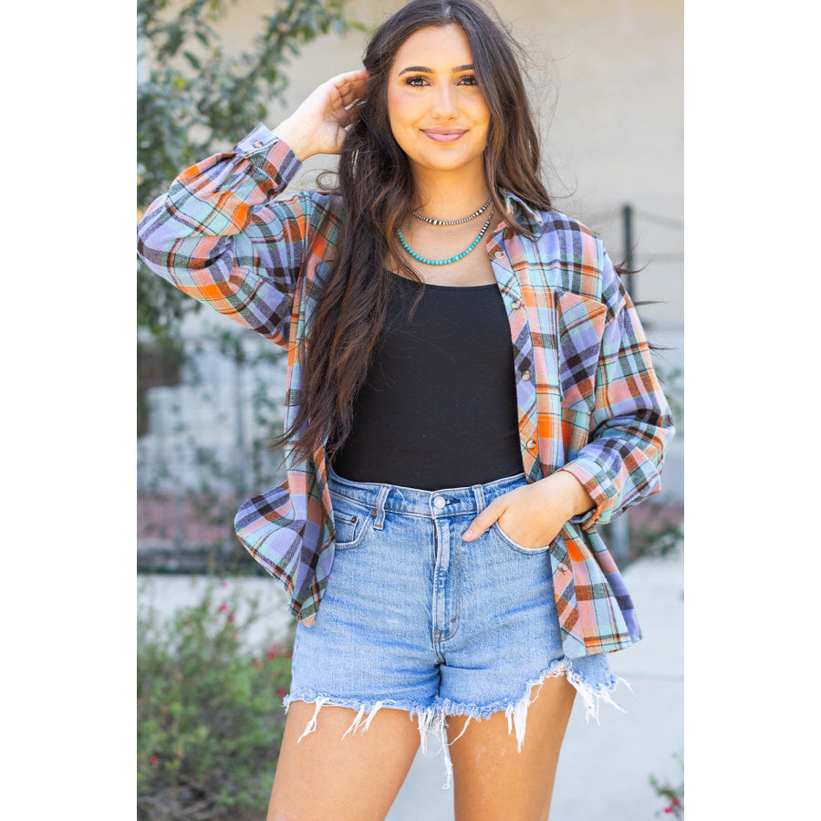 Red Plaid Print Loose Vintage Shirt Orange / S / 100% Cotton Tops/Blouses &amp; Shirts
