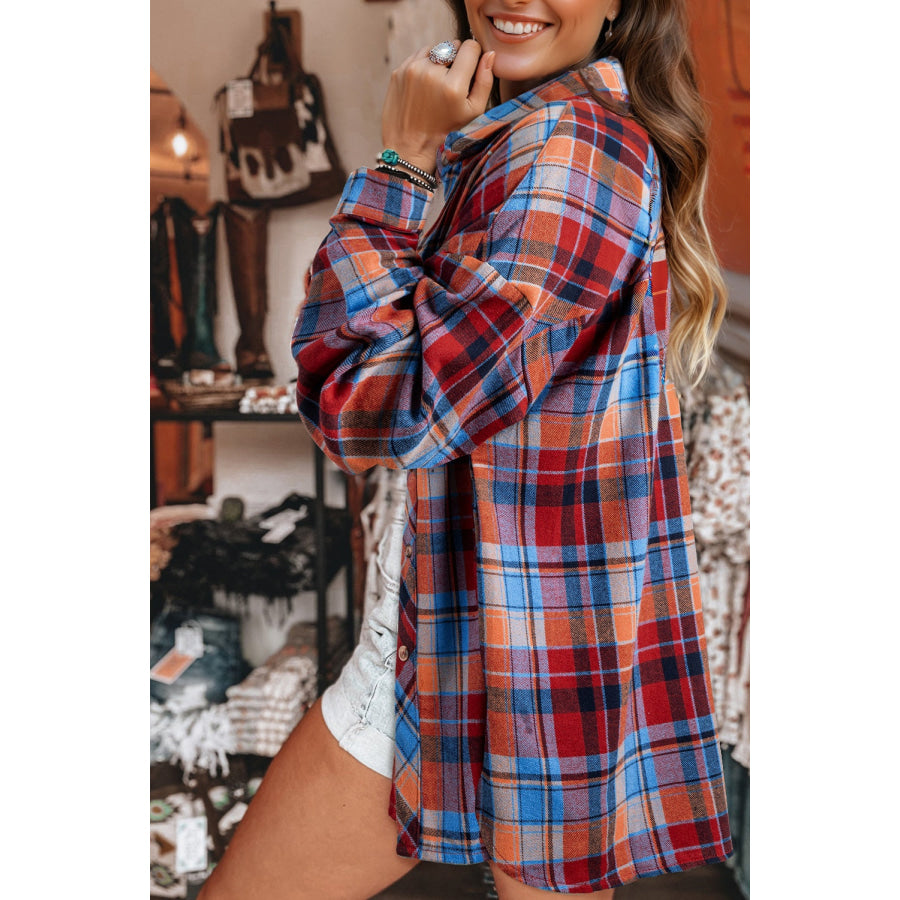 Red Plaid Print Loose Vintage Shirt Tops/Blouses &amp; Shirts