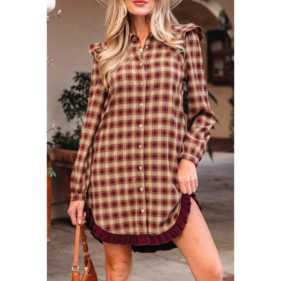 Red Plaid Print Ruffled Long Sleeve Patchwork Hem Mini Shirt Dress Dresses/Mini Dresses