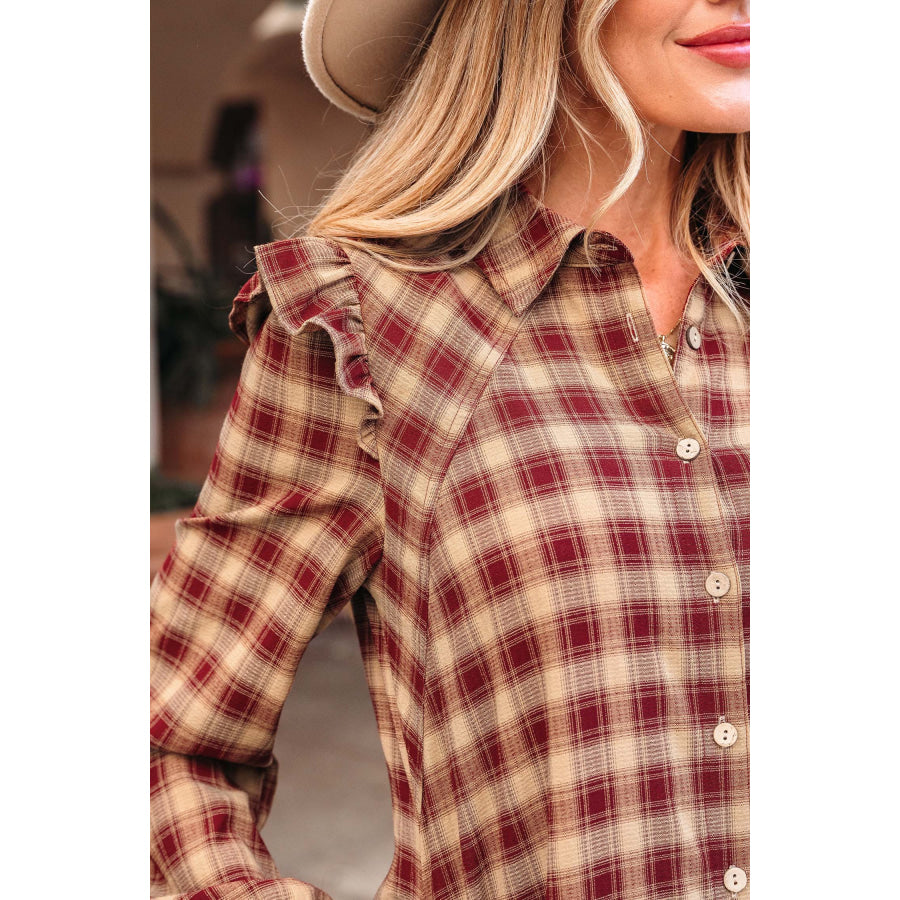 Red Plaid Print Ruffled Long Sleeve Patchwork Hem Mini Shirt Dress Dresses/Mini Dresses