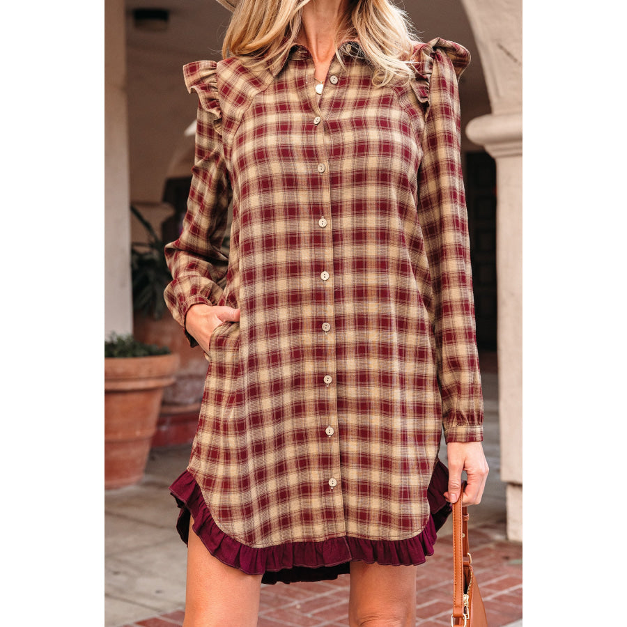 Red Plaid Print Ruffled Long Sleeve Patchwork Hem Mini Shirt Dress Dresses/Mini Dresses