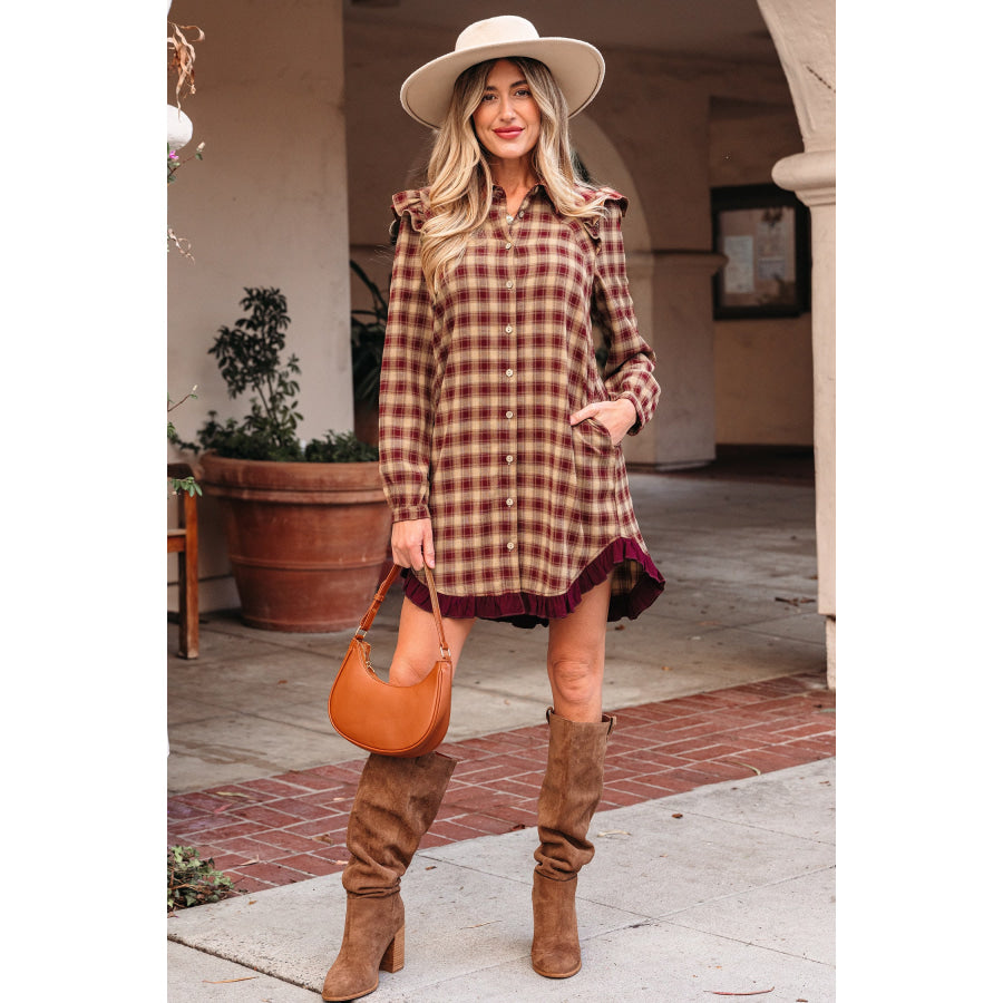 Red Plaid Print Ruffled Long Sleeve Patchwork Hem Mini Shirt Dress Dresses/Mini Dresses