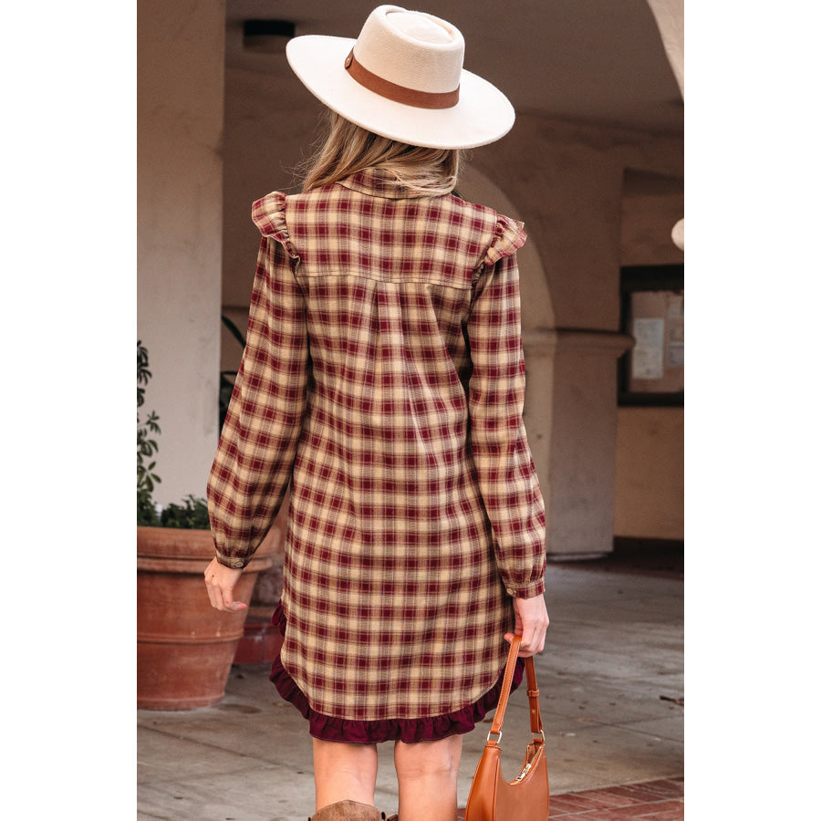 Red Plaid Print Ruffled Long Sleeve Patchwork Hem Mini Shirt Dress Dresses/Mini Dresses