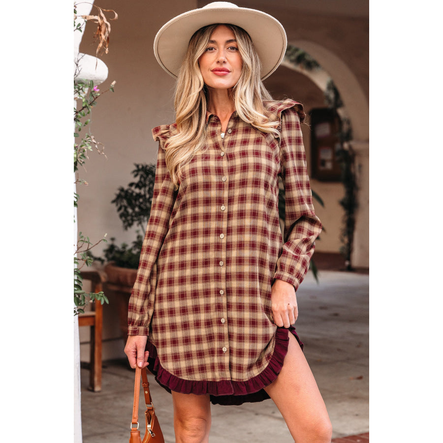Red Plaid Print Ruffled Long Sleeve Patchwork Hem Mini Shirt Dress Red / S / 65% Polyester + 30% Viscose + 5% Elastane Dresses/Mini Dresses