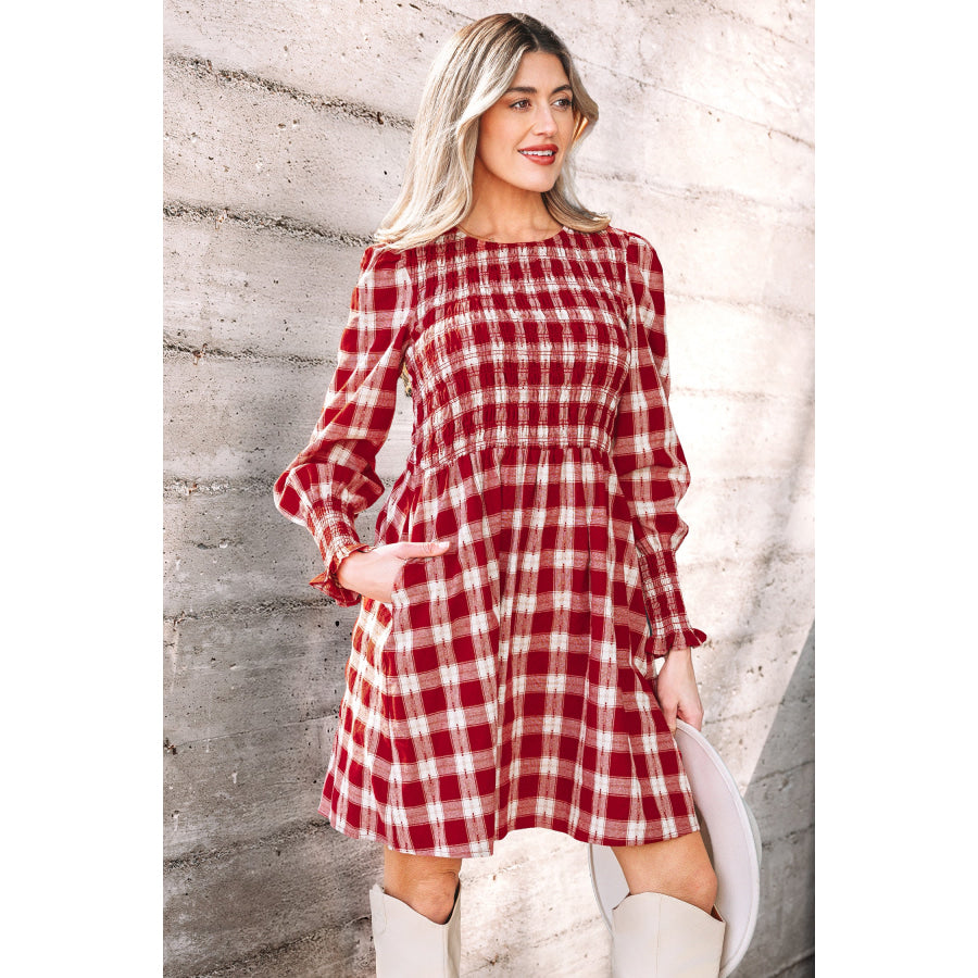 Red Plaid Print Smocked Puff Sleeve Mini Dress Dresses/Mini Dresses