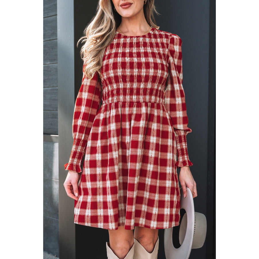 Red Plaid Print Smocked Puff Sleeve Mini Dress Dresses/Mini Dresses