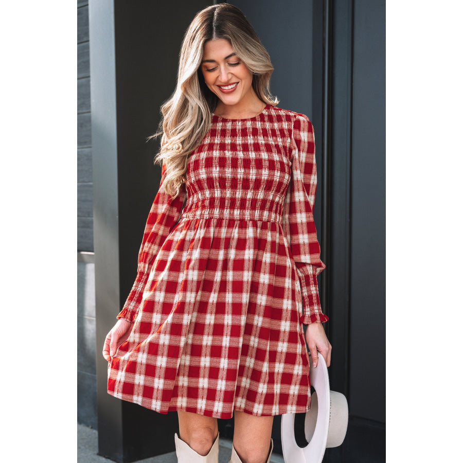 Red Plaid Print Smocked Puff Sleeve Mini Dress Dresses/Mini Dresses