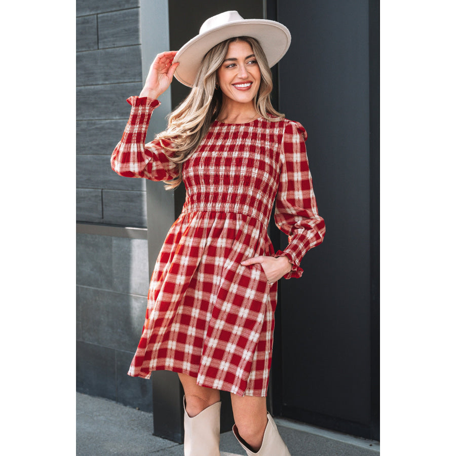 Red Plaid Print Smocked Puff Sleeve Mini Dress Dresses/Mini Dresses