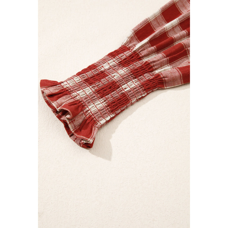 Red Plaid Print Smocked Puff Sleeve Mini Dress Dresses/Mini Dresses