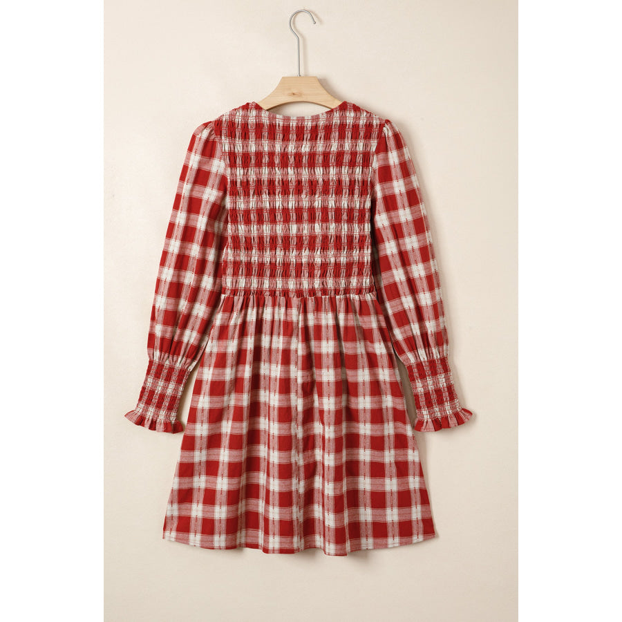 Red Plaid Print Smocked Puff Sleeve Mini Dress Dresses/Mini Dresses