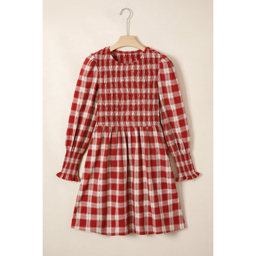 Red Plaid Print Smocked Puff Sleeve Mini Dress Dresses/Mini Dresses