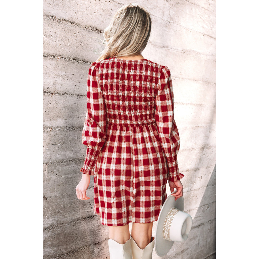 Red Plaid Print Smocked Puff Sleeve Mini Dress Dresses/Mini Dresses