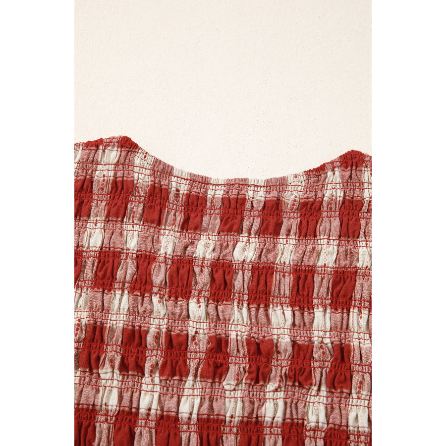 Red Plaid Print Smocked Puff Sleeve Mini Dress Dresses/Mini Dresses