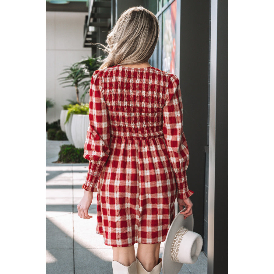 Red Plaid Print Smocked Puff Sleeve Mini Dress Dresses/Mini Dresses