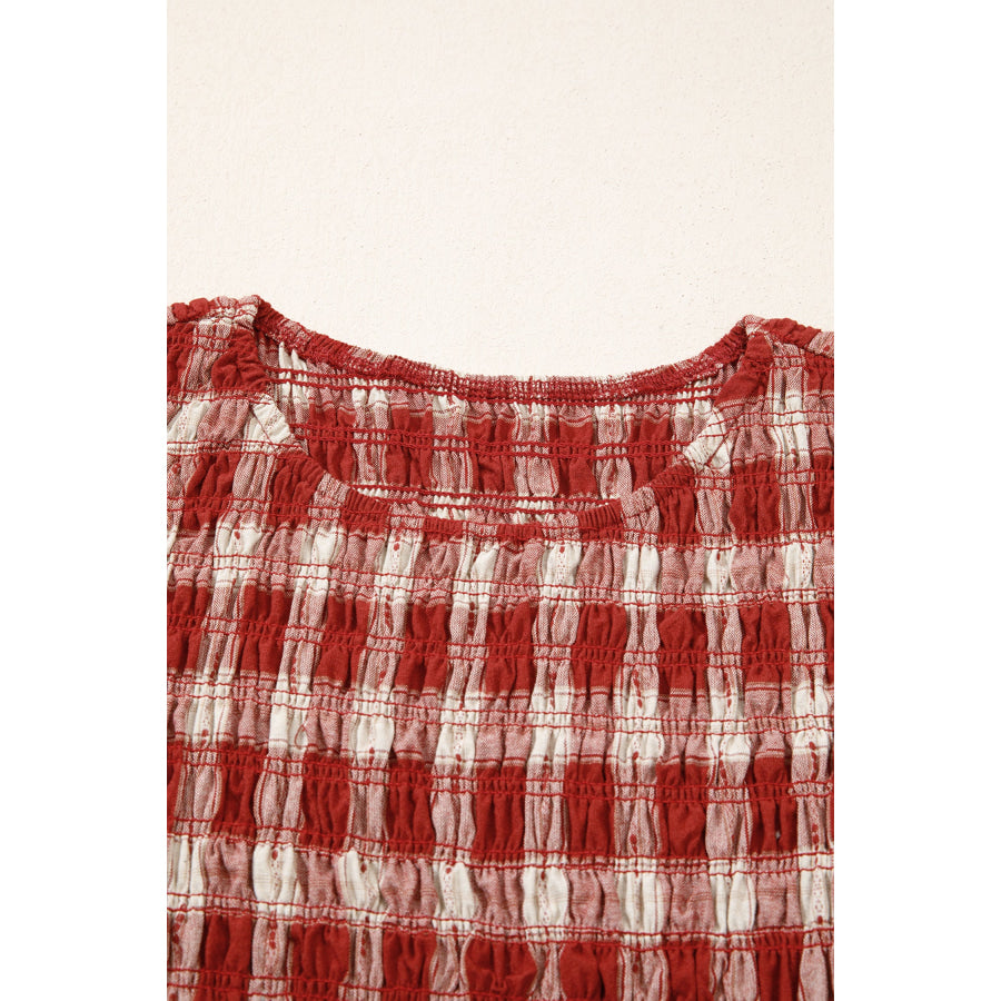 Red Plaid Print Smocked Puff Sleeve Mini Dress Dresses/Mini Dresses