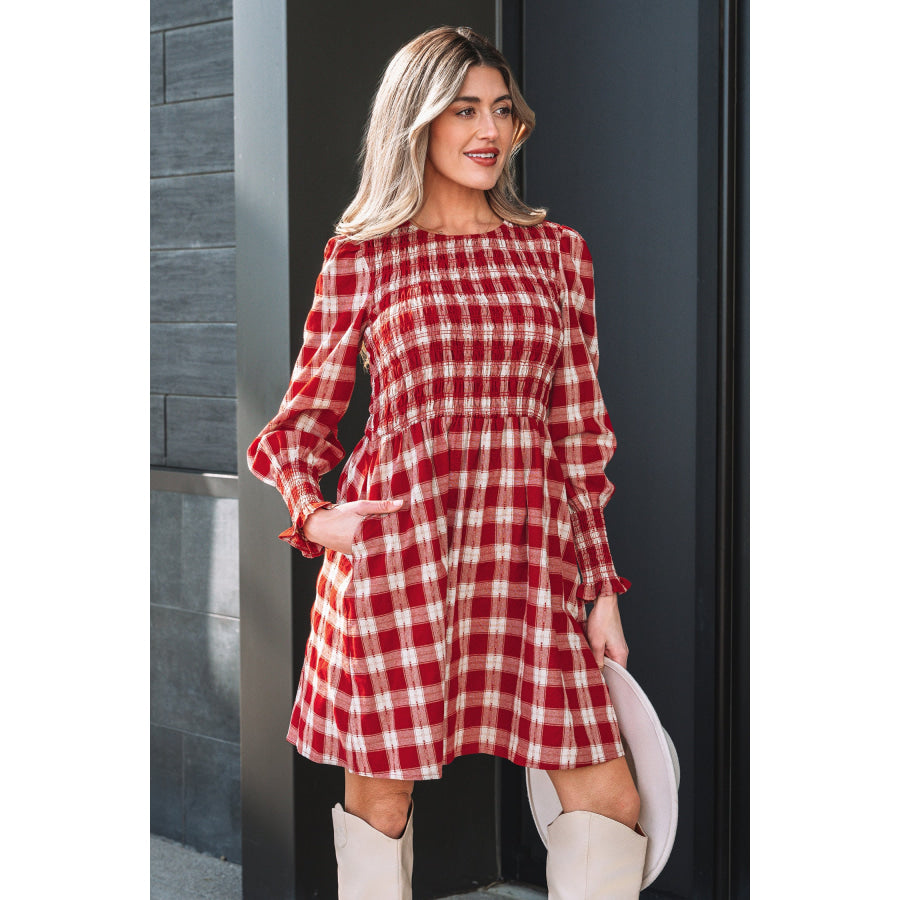 Red Plaid Print Smocked Puff Sleeve Mini Dress Dresses/Mini Dresses