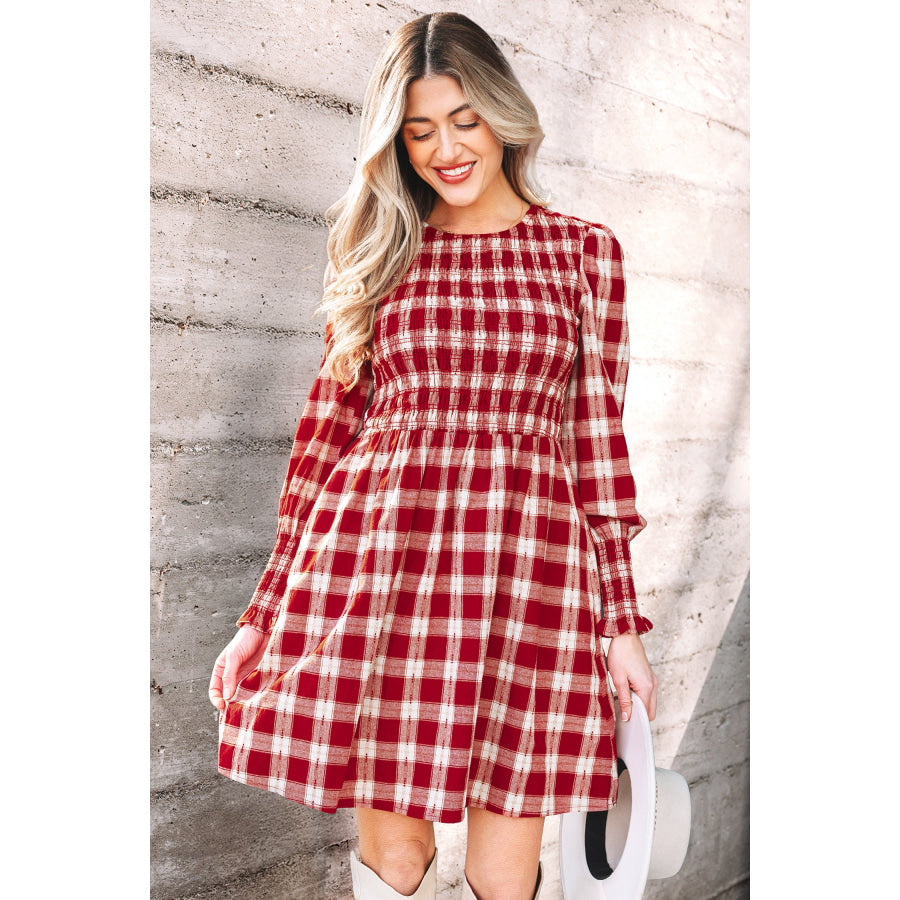 Red Plaid Print Smocked Puff Sleeve Mini Dress Dresses/Mini Dresses